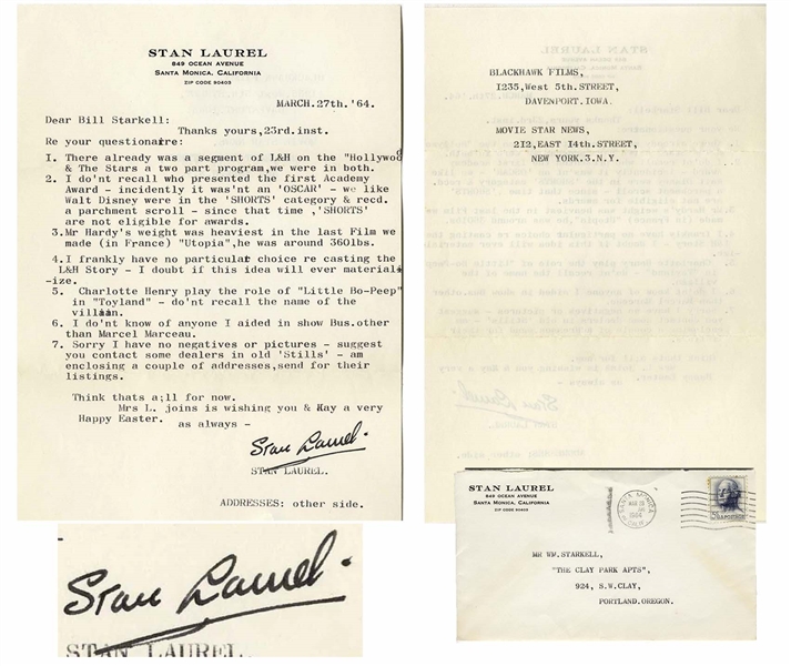 Stan Laurel Letter Signed With His Full Signature Stan Laurel on His Personal Stationery -- ...Mr Hardys weight was heaviest in the last Film we made...Utopia, he was around 360 lbs...